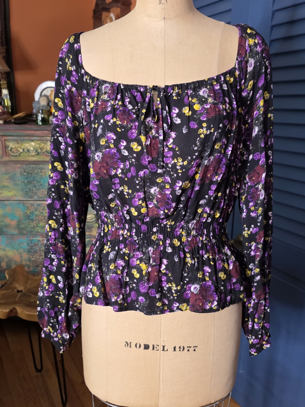 PAIGE Black Floral Square-Neck Peplum Blouse